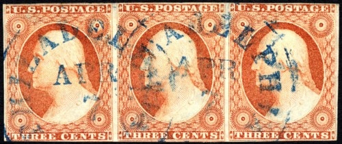 3c Washington imperforate strip of three, c. 1852. Creator: Unknown.