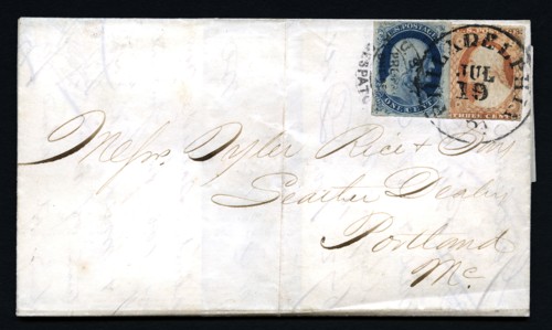 1c Franklin and 3c Washington with USPO Despatch carrier cancel on cover, c. 1851. Creator: Unknown.