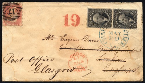 12c Washington Charlottesville, VA to London forwarded to Glasgow cover, May 29, 1858. Creator: Unknown.