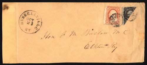 12c Washington bisect with 3c Washington single on cover, 1857-1861. Creator: Unknown.