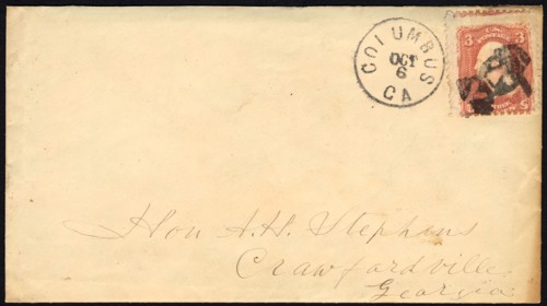 3c Washington with Columbus, GA man with a hat on cover, 1861. Creator: Unknown.