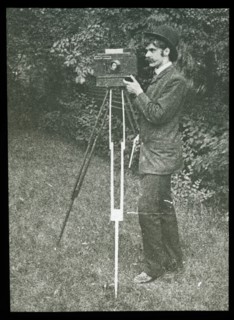 Self-Portrait with camera, tripod and pistol, 1886. Creator: Alfred Stieglitz.