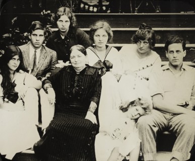 Untitled (Stieglitz's mother Hedwig with grandchildren on Oaklawn steps), c. 1916. Creator: Alfred Stieglitz.