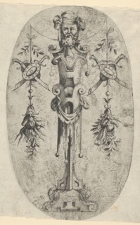 Male Terminal Figure; Head with Beard and Turban on a Three- Quarter Strapwork Pede..., ca. 1543-45. Creator: Jean Mignon.