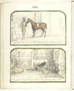 Untitled [man with horse, and couple relaxing by the fire], 1868. Creator: Georgina Cowper.