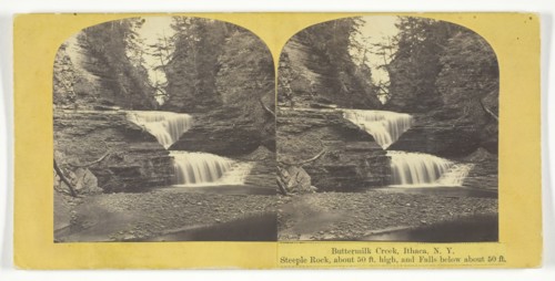 Buttermilk Creek, Ithaca, N.Y. Steeple Rock, about 50 ft. high, and Falls below about 50 ft., 1860/6 Creator: J. C. Burritt.