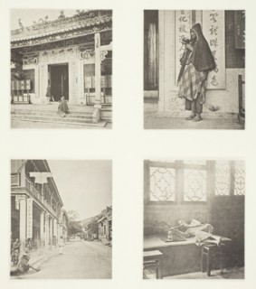 Front of Kwan-Yin Temple, Hong-Kong; A Mendicant Priest; A Street in Hong-Kong; Opium..., c. 1868. Creator: John Thomson.
