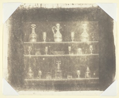 Articles of Glass on Three Shelves, c. 1844. Creator: William Henry Fox Talbot.