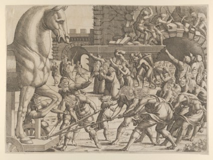 The Trojans Bring the Wooden Horse into Their City, 1535-55. Creator: Jean Mignon.