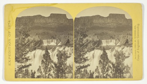 Shoshone Falls, Snake River, Idaho, looking through the timber, and showing the main fall..., 1874. Creator: Tim O'Sullivan.