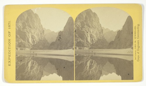 View down Black Cañon, from Mirror Bar. The walls repeated by reflection, 1871. Creator: Tim O'Sullivan.