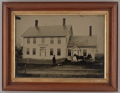Untitled (House with Horse-Drawn Carriage and Three People), 1865. Creator: Unknown.