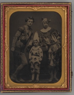 Untitled (Portrait of two Men and one Boy, Dressed in Clown Costumes), 1865. Creator: Unknown.