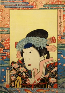 Kabuki actor Onoe Kikugorô III as Shizuka Gozen, 1830.  Creator: Gyokuryutei Shigeharu.