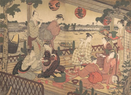 Two Young Men and Several Women Dining at a Tea-house on the Bank of the Sumida River, ca. 1788. Creator: Kubo Shunman.