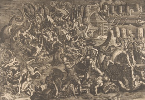 The Trojans repulsing the Greeks, 1538. Creator: Giovanni Battista Scultori.