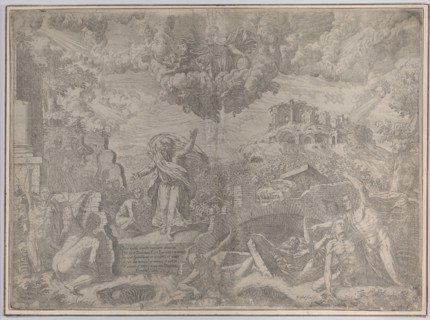 The vision of Ezekiel, with the dead rising and putting on their flesh, God the Father abo..., 1579. Creator: Giovanni Battista Fontana.