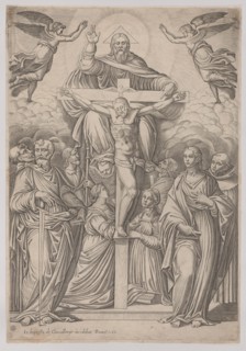 The Trinity, with the crucifixion at center and saints to both sides, 1586. Creator: Giovanni Battista Cavalieri.