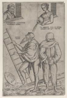 A man climbs a ladder while a woman throws water on him from above, 1575-99. Creator: Giovanni Ambrogio Brambilla.