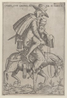 Caricature with two men on a mule, 1575-99. Creator: Giovanni Ambrogio Brambilla.