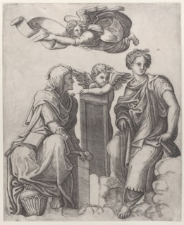 Two female figures seated in the clouds flanking an angel and another flying above ..., ca. 1510-25. Creator: Giovanni Antonio da Brescia.