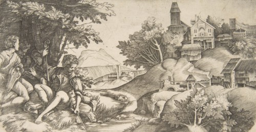 At left four shepherds with musical instruments seated under a group of trees..., ca. 1517. Creators: Giulio Campagnola, Domenico Campagnola.