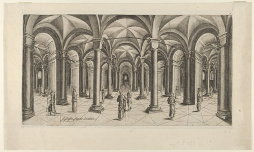 View in Fisheye perspective of a Hall with Columns and Cross Rib Vaulting, ca. 1610-20. Creator: Hans Pesser.