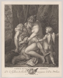 Venus mourning Adonis, seated beneath a tree and embracing him, with Cupid at right, c..., ca. 1786. Creators: Gérard René Le Vilain, Bernard Duvivier.