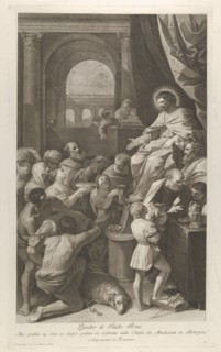 Saint Job seated at right receiving the gifts of the people..., ca. 1760-1800. Creator: Giuliano Traballesi.