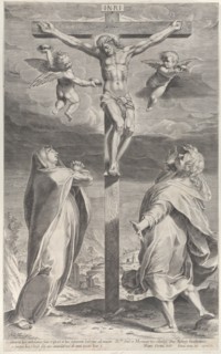 Crucifixion with the Virgin Mary and Saint John the Evangelist, angels overhead, ca. 1593., ca. 1593 Creator: Gijsbert Van Veen.