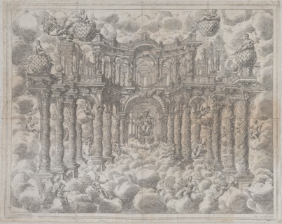 Plate 2 [counterproof]: Stage set with allegorical figures seated among the clouds, with a..., 1690. Creator: Giovanni Antonio Lorenzini.