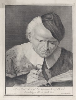 Man in a hat reading a book with a magnifying glass, 1743.  Creator: Giovanni Cattini.