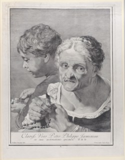 Old woman with a rosary and a boy counting coins, 1743.  Creator: Giovanni Cattini.