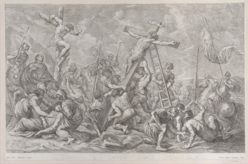The Crucifixion, with the lowering of the cross at center, soldiers throughout, and a thie..., 1762. Creator: Giovanni Battista Cipriani.