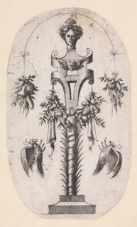 Design for a Term with the Head of Woman, Strapwork and Trophies, 1535-55. Creator: Jean Mignon.