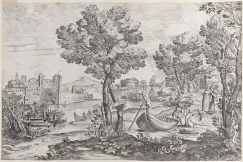 Landscape with a man holding a snake to a terrified child, watched by a fashionably dre..., 1626-80. Creator: Giovanni Francesco Grimaldi.