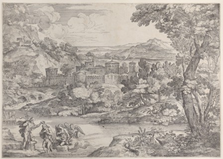 The Baptism of Christ at lower left, within a landscape, 1626-80., 1626-80. Creator: Giovanni Francesco Grimaldi.