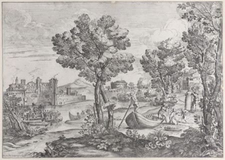 Landscape with a man holding a snake to a terrified child, watched by a fashionably dre..., 1626-80. Creator: Giovanni Francesco Grimaldi.