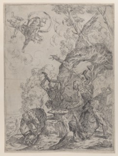The forge of Vulcan with smiths striking an anvil with hammers..., 1640-59. Creator: Giovanni Pietro Possenti.