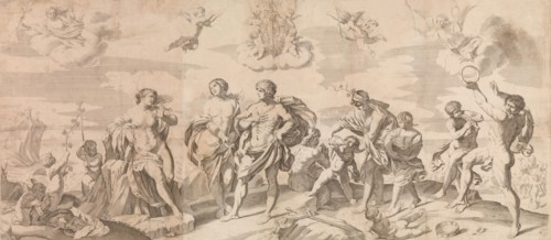 Bacchus with his companions discovering Ariadne on the island of Naxos, after Reni, 165..., 1650-80. Creator: Gian Battista Bolognini.