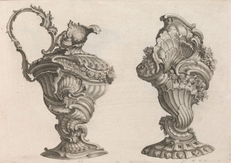 Designs for a Ewer and a Lidded Vase, Plate 2 from: 'Schöne und auf die neu..., Printed ca. 1750-56. Creator: Jeremias Wachsmuth.