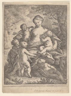 Charity, seated in a landscape surrounded by five nude children, 1692-1727. Creator: Giovanni Battista Catenaro.