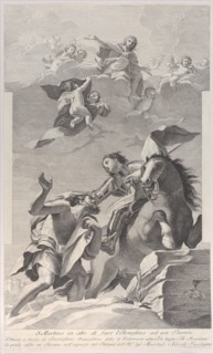 Saint Martin, on horseback, giving his cloak to a beggar..., 1760-1800. Creator: Giuliano Traballesi.