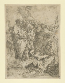 Woman kneeling in front of Magicians and other Figures, from the Scherzi, ca. 1740. Creator: Giovanni Battista Tiepolo.