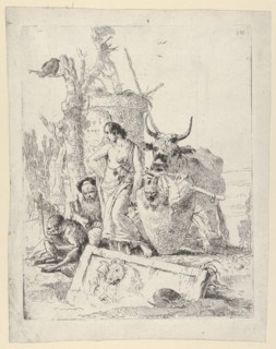 Young Shepherdess and old man with a Monkey, from the Scherzi, ca. 1740., ca. 1740. Creator: Giovanni Battista Tiepolo.