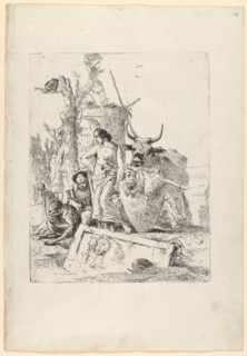 Young shepherdess and old man with a monkey, from the Scherzi, ca. 1743-50. Creator: Giovanni Battista Tiepolo.