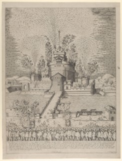 The firework display called 'Girandola' at the Castello Sant'Angelo in Rome, a nocturnal s..., 1579. Creator: Giovanni Ambrogio Brambilla.