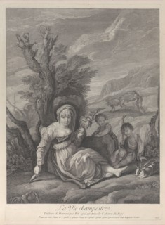 A country woman sitting in landscape with two boys at her side, 1729-40. Creator: Gérard Jean-Baptiste Scotin.