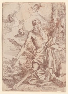 Saint Jerome kneeling beside a tree with his arms outstretched, 1640-60. Creator: Giulio Carpioni.