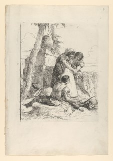 Magician pointing out a burning head to two youths, from the Scherzi, ca. 1743-50. Creator: Giovanni Battista Tiepolo.